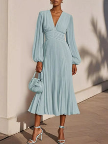 Pleated V-Neck Chiffon Midi Dress