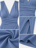 Sleeveless Plunge Ruched High-Slit Maxi Dress