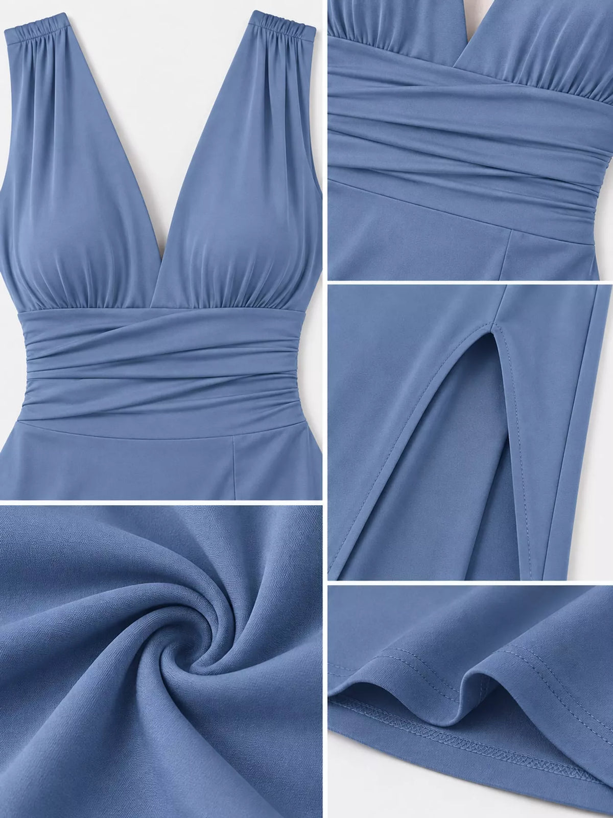 Sleeveless Plunge Ruched High-Slit Maxi Dress