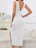 Sleeveless Plunge Ruched High-Slit Maxi Dress