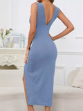 Sleeveless Plunge Ruched High-Slit Maxi Dress