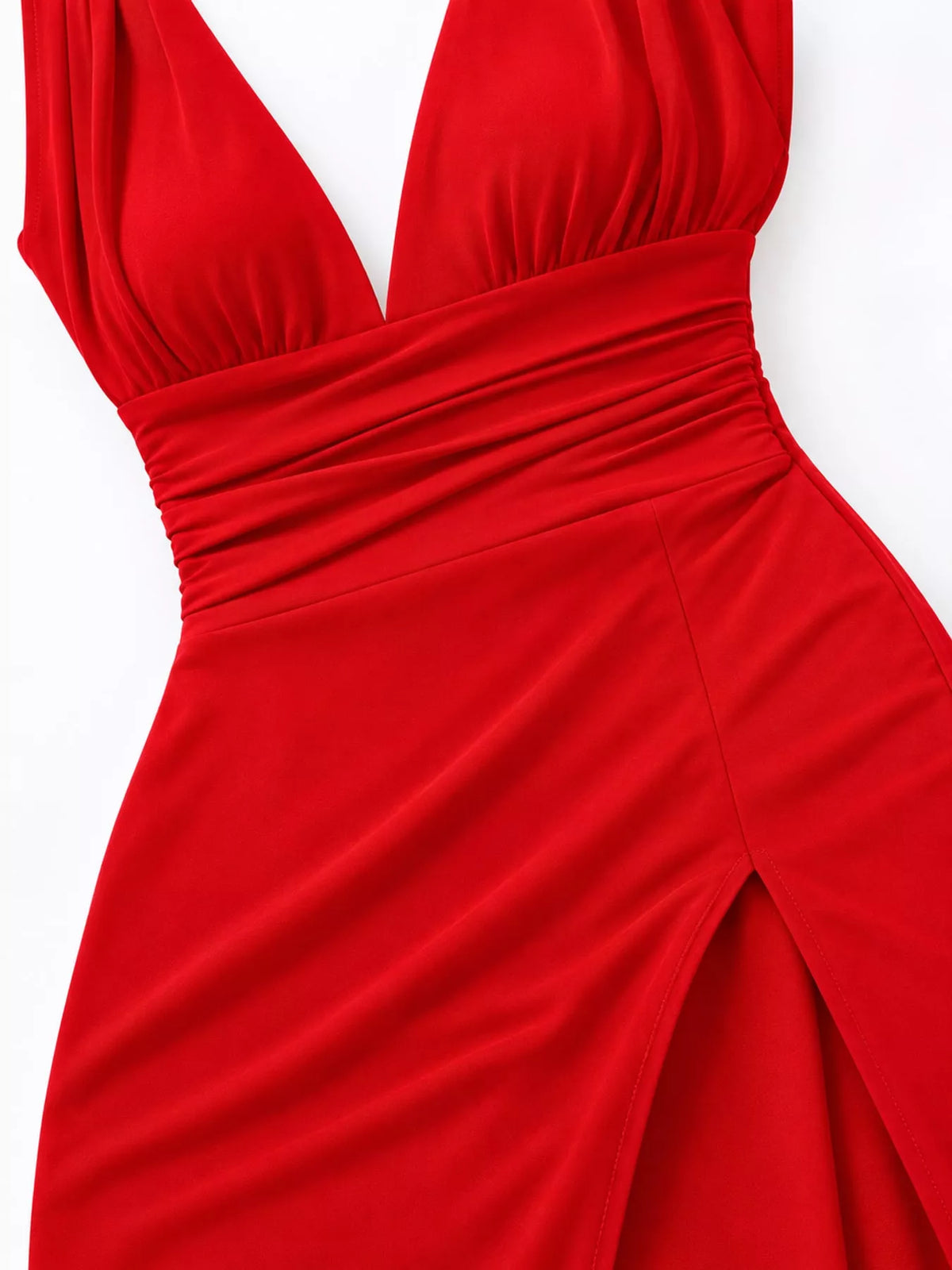 Sleeveless Plunge Ruched High-Slit Maxi Dress