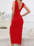 Sleeveless Plunge Ruched High-Slit Maxi Dress