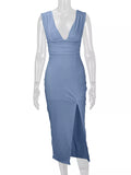 Sleeveless Plunge Ruched High-Slit Maxi Dress
