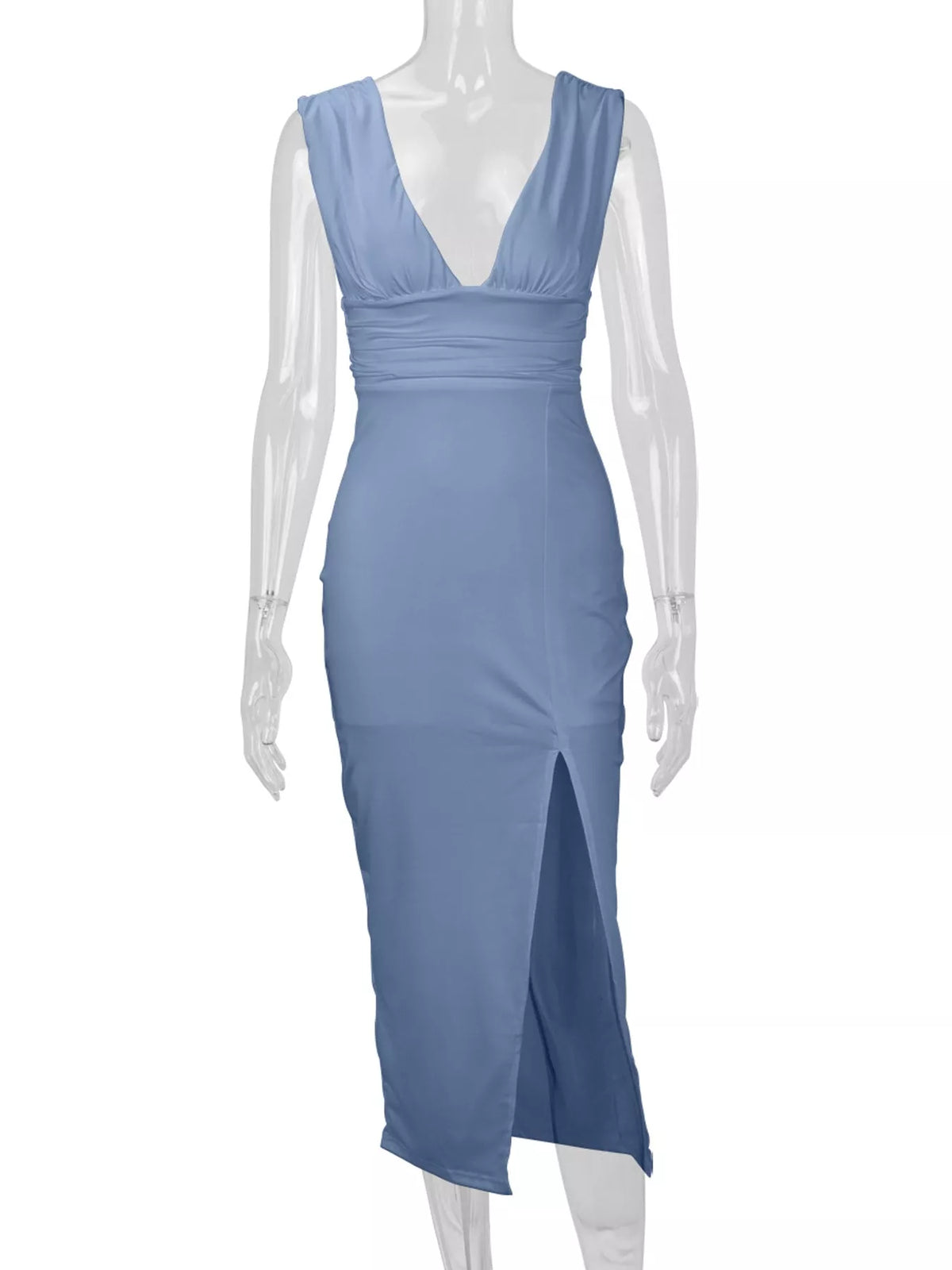 Sleeveless Plunge Ruched High-Slit Maxi Dress
