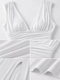Sleeveless Plunge Ruched High-Slit Maxi Dress
