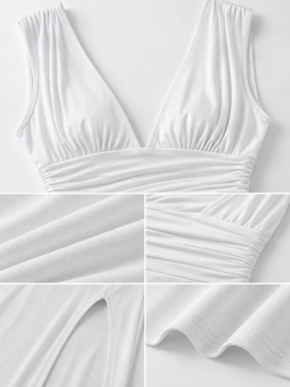 Sleeveless Plunge Ruched High-Slit Maxi Dress