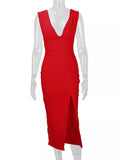 Sleeveless Plunge Ruched High-Slit Maxi Dress
