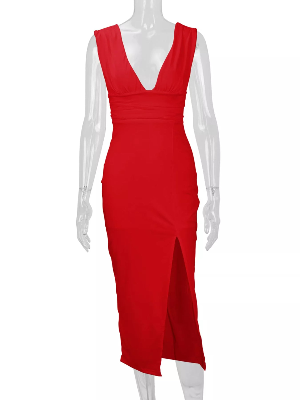 Sleeveless Plunge Ruched High-Slit Maxi Dress