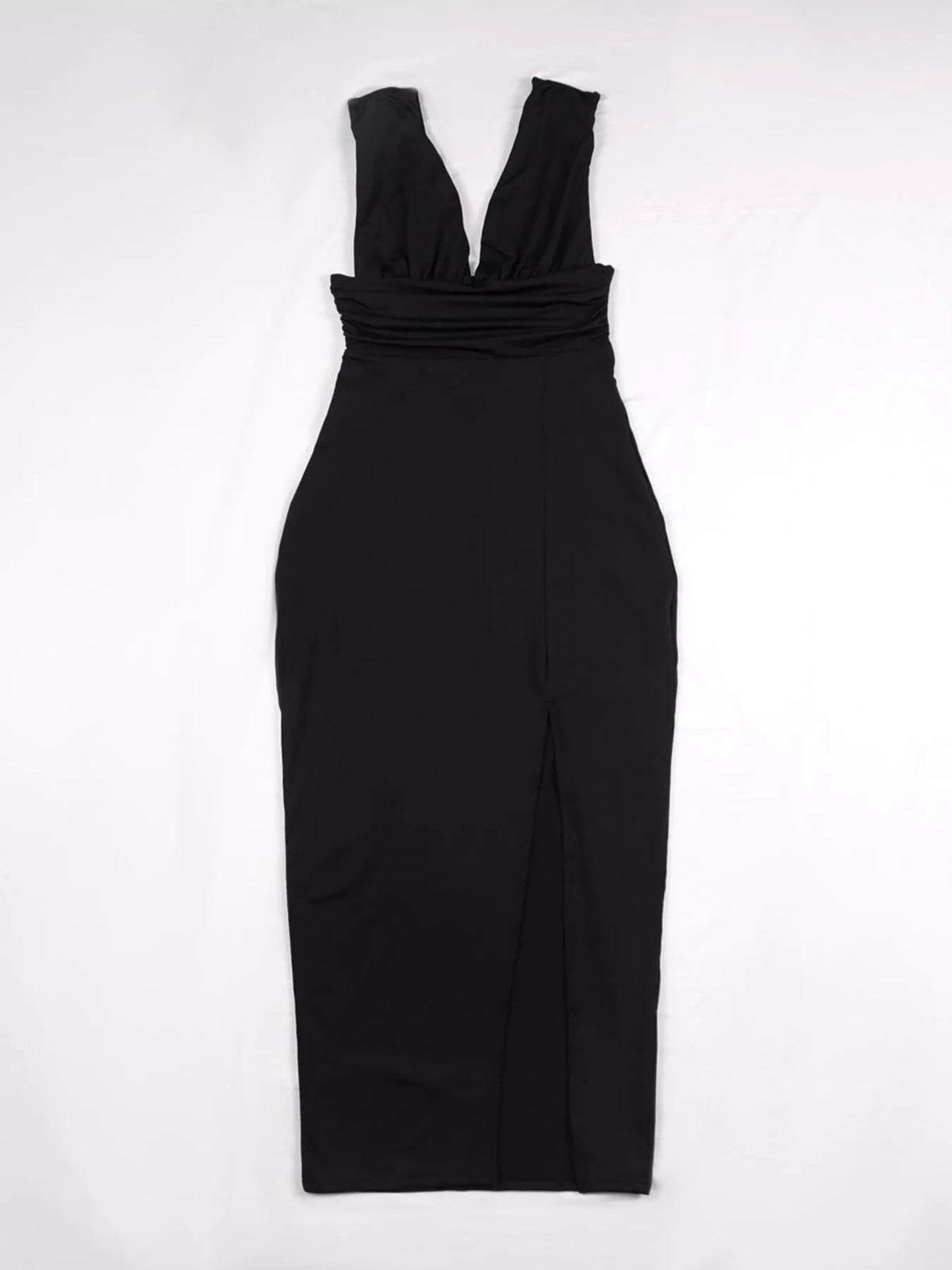 Sleeveless Plunge Ruched High-Slit Maxi Dress