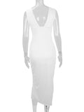 Sleeveless Plunge Ruched High-Slit Maxi Dress