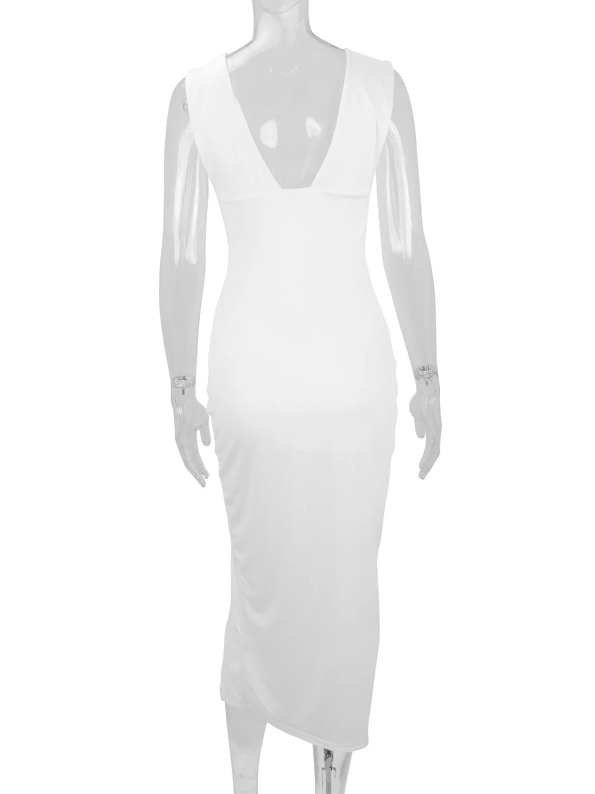 Sleeveless Plunge Ruched High-Slit Maxi Dress