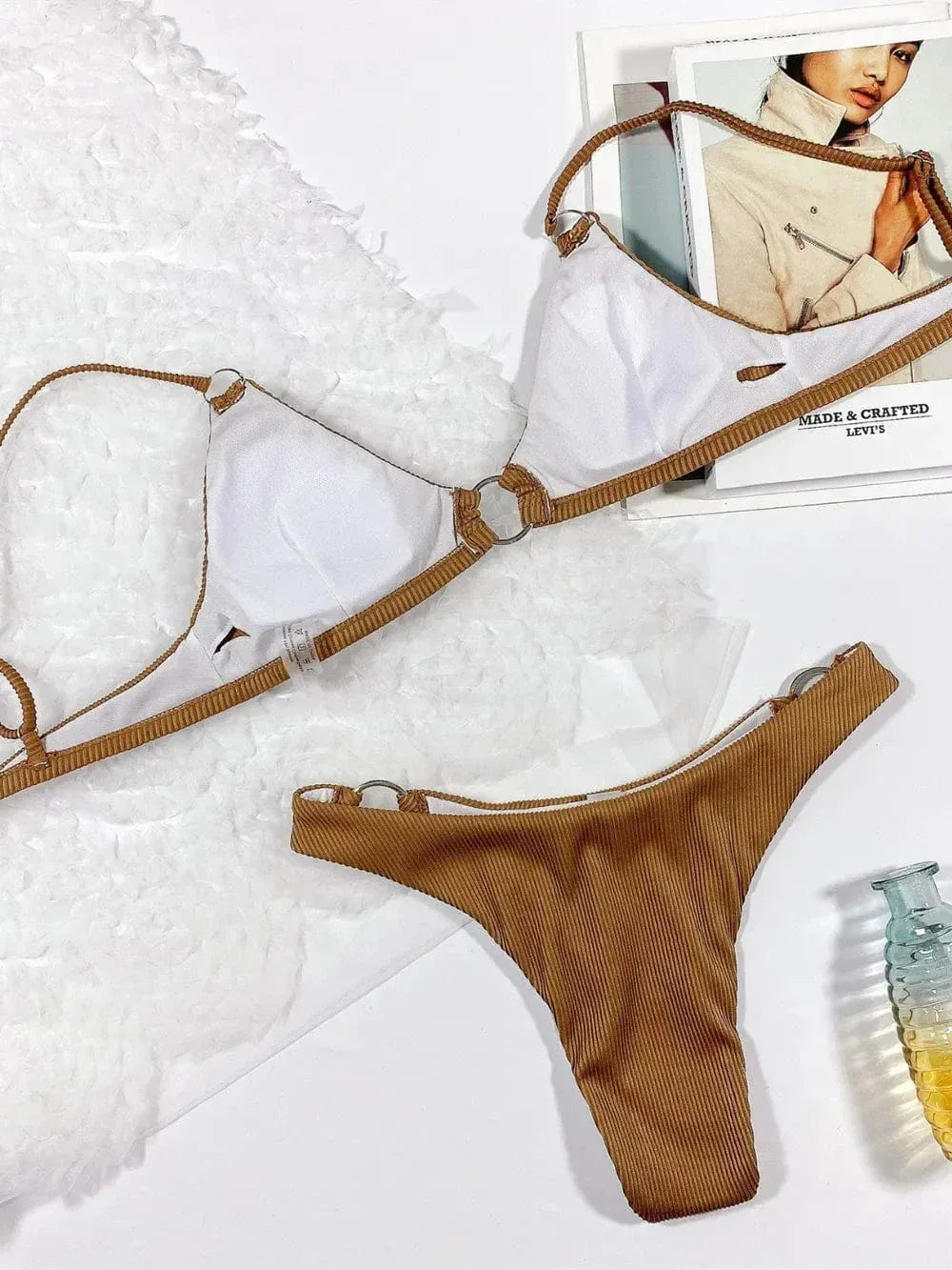 Plunge Neck Spaghetti Strap Bikini Brown / S