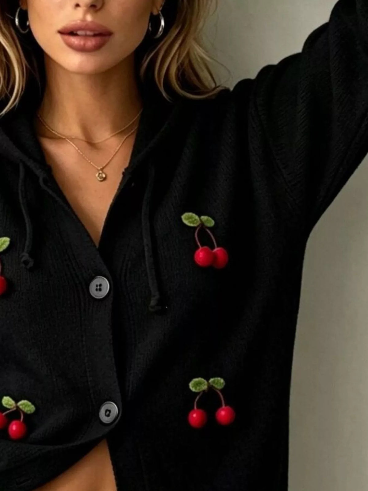 Plus Size 3D Cherry Appliqué Hooded Cardigan