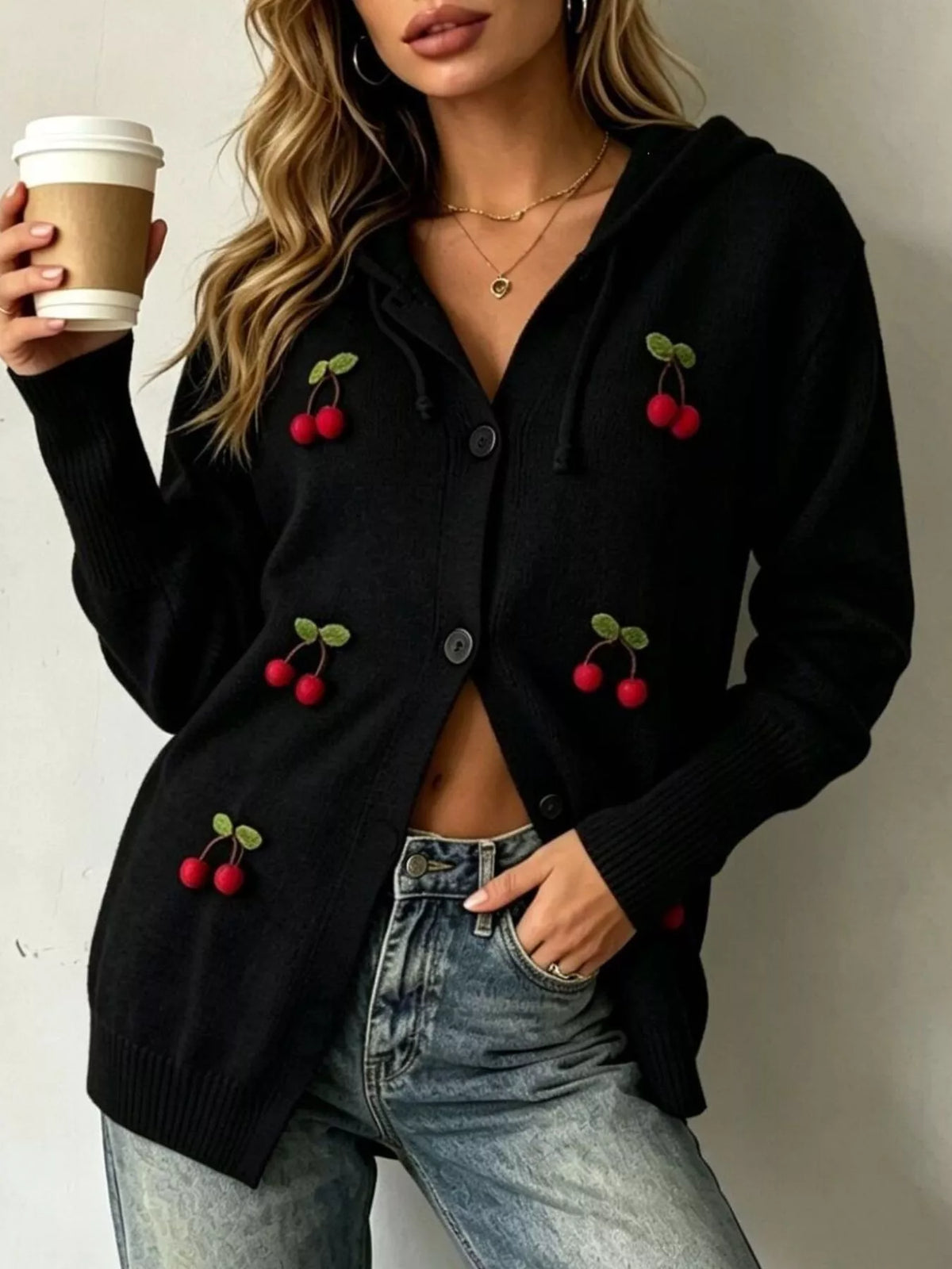 Plus Size 3D Cherry Appliqué Hooded Cardigan Black / S