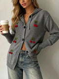 Plus Size 3D Cherry Appliqué Hooded Cardigan Gray / S