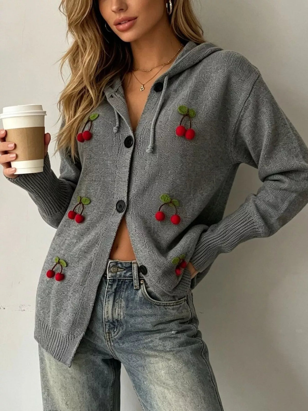 Plus Size 3D Cherry Appliqué Hooded Cardigan Gray / S