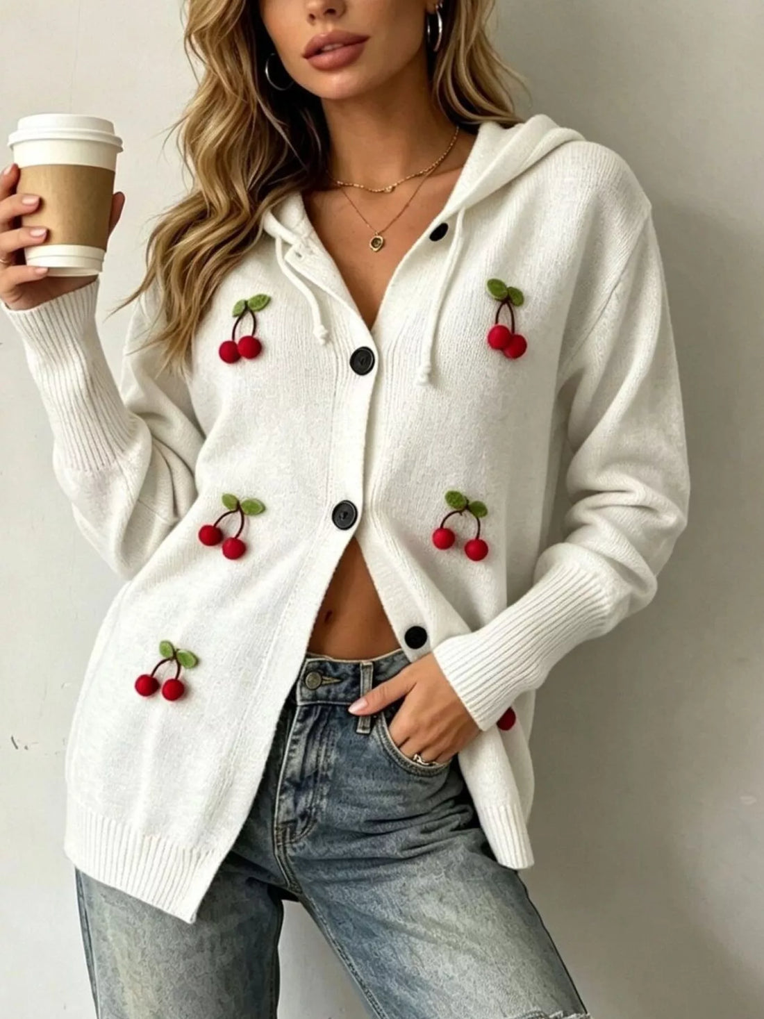 Plus Size 3D Cherry Appliqué Hooded Cardigan White / S