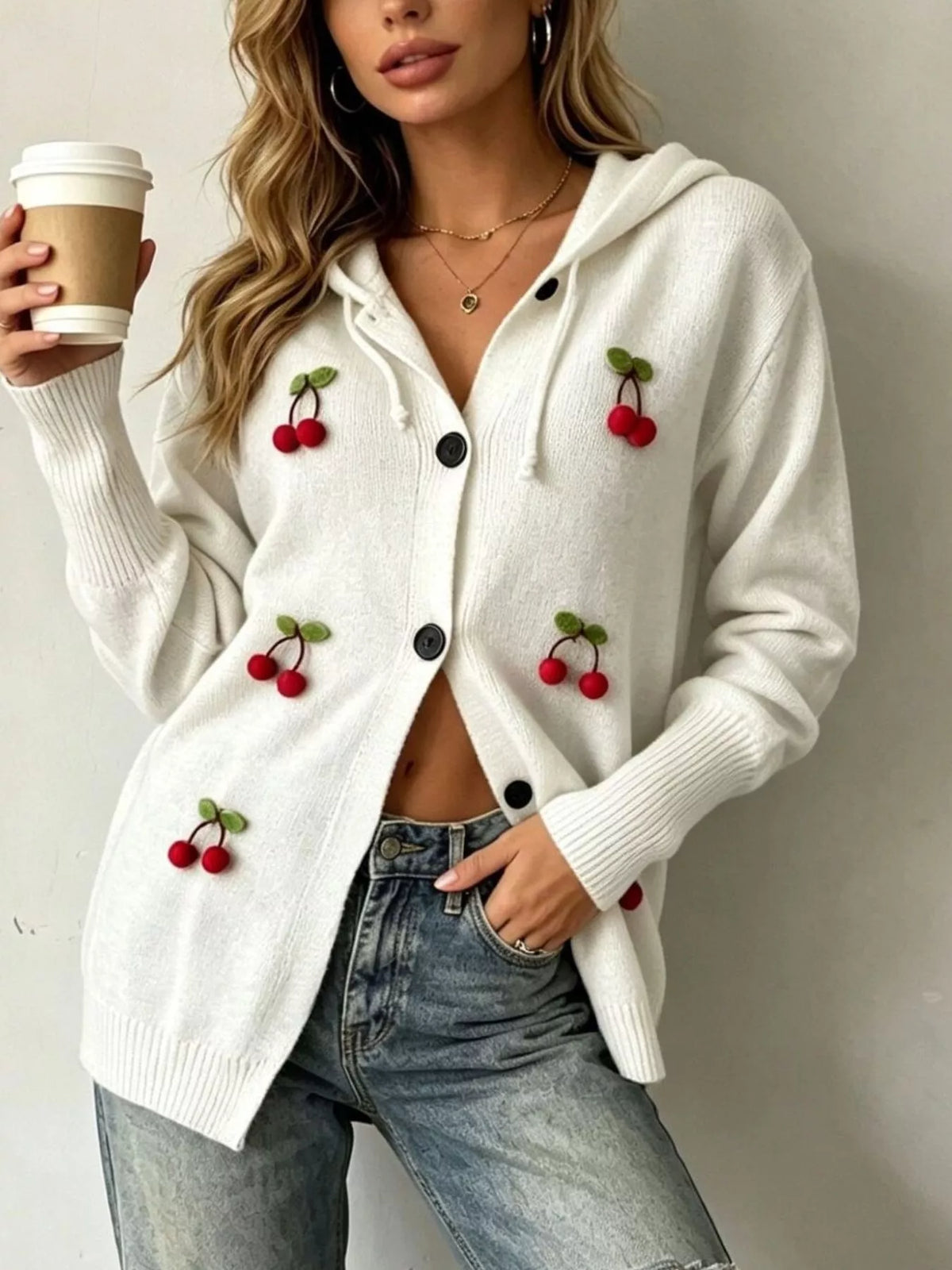 Plus Size 3D Cherry Appliqué Hooded Cardigan White / S