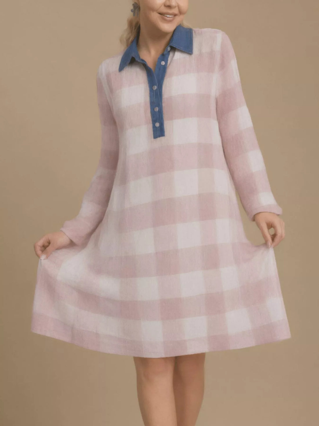 Plus Size Denim Collar Plaid Shirt Dress Pink / 1XL