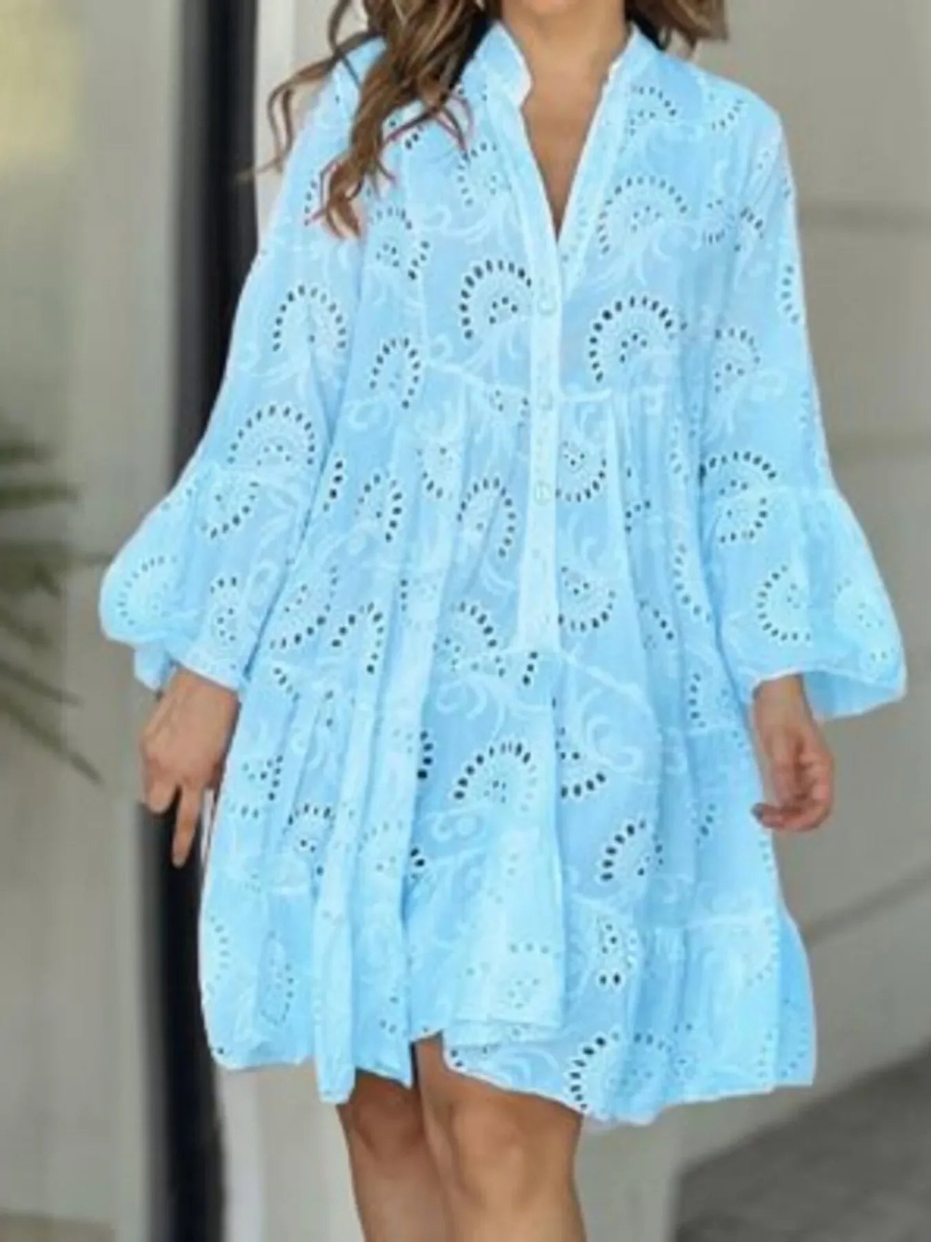 Plus Size Eyelet Tiered Dress Blue / S