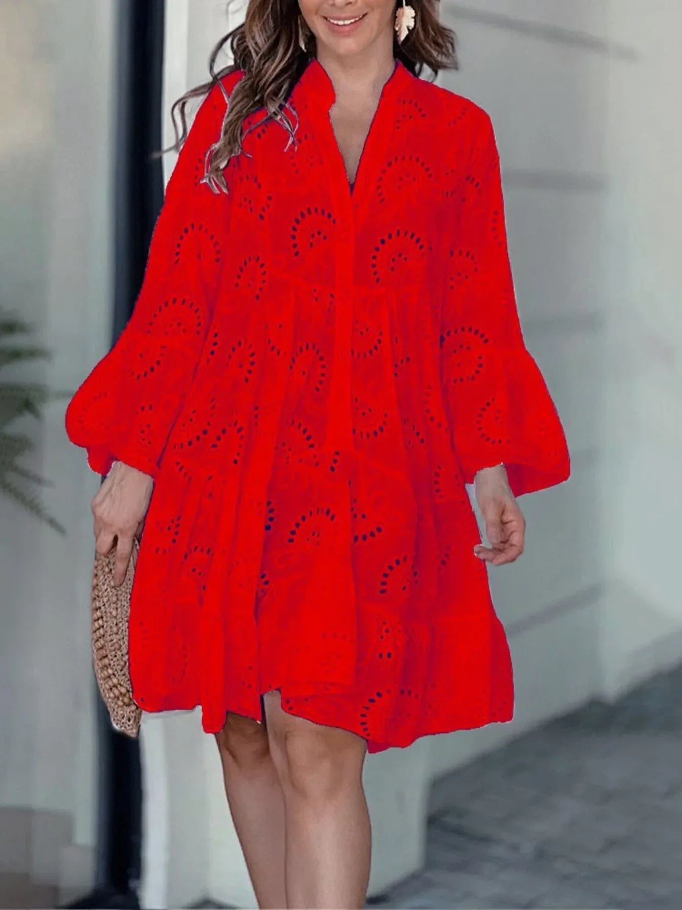 Plus Size Eyelet Tiered Dress Bright Red / S