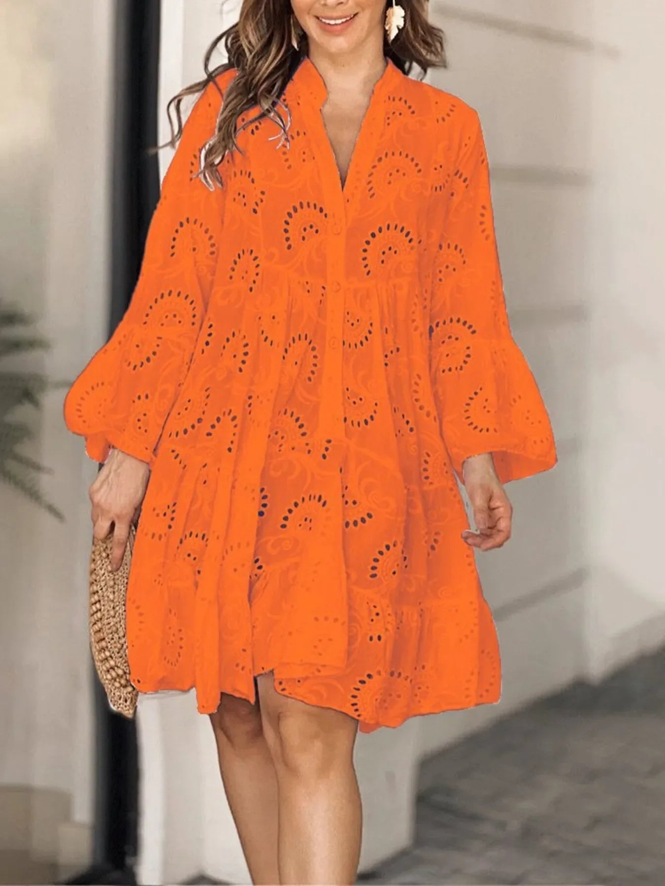 Plus Size Eyelet Tiered Dress Orange / S