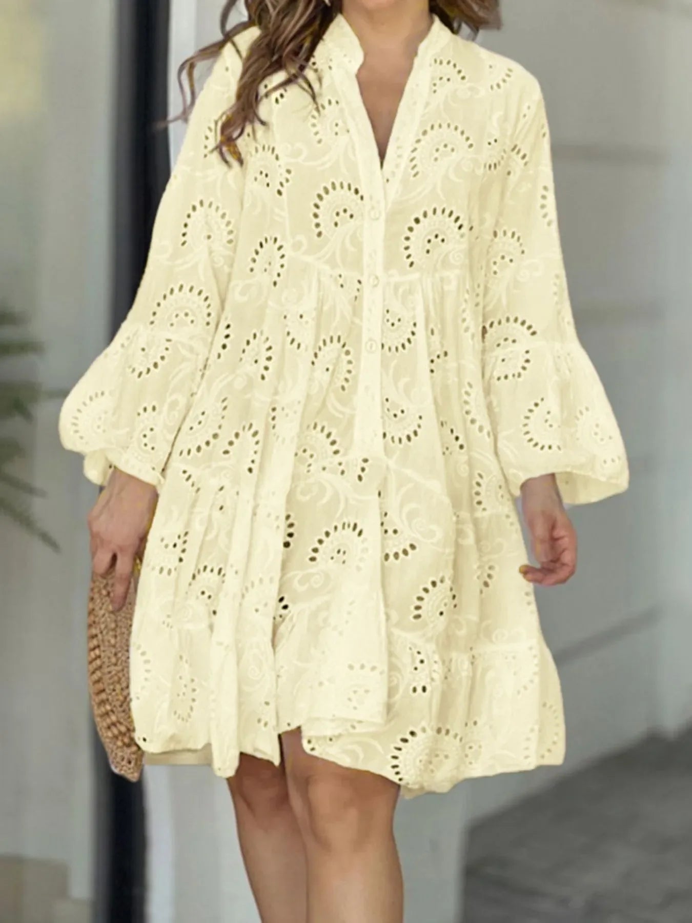 Plus Size Eyelet Tiered Dress Yellow / S