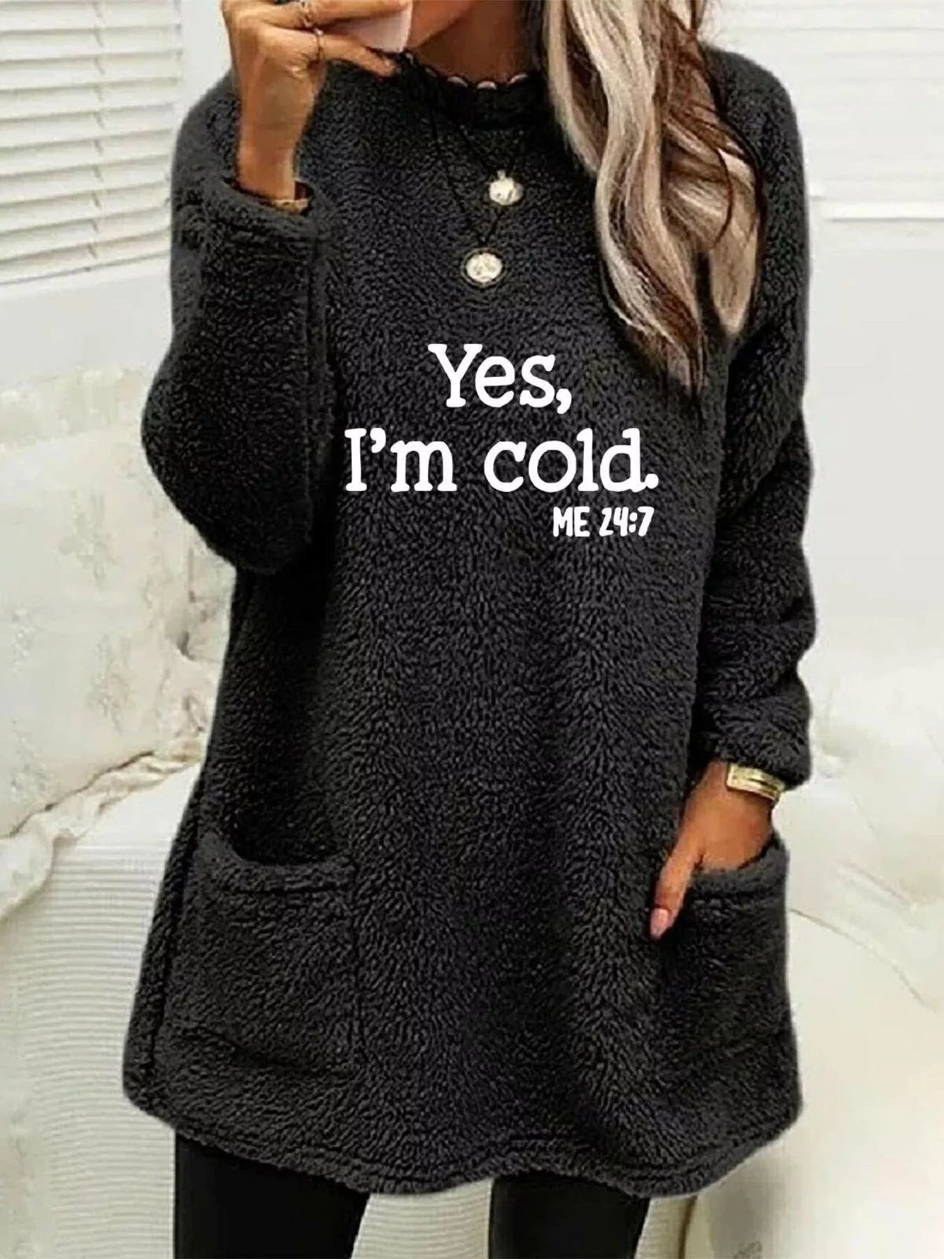 Plus Size Letter Print Long Sleeve Fleece Sweatshirt Black / S