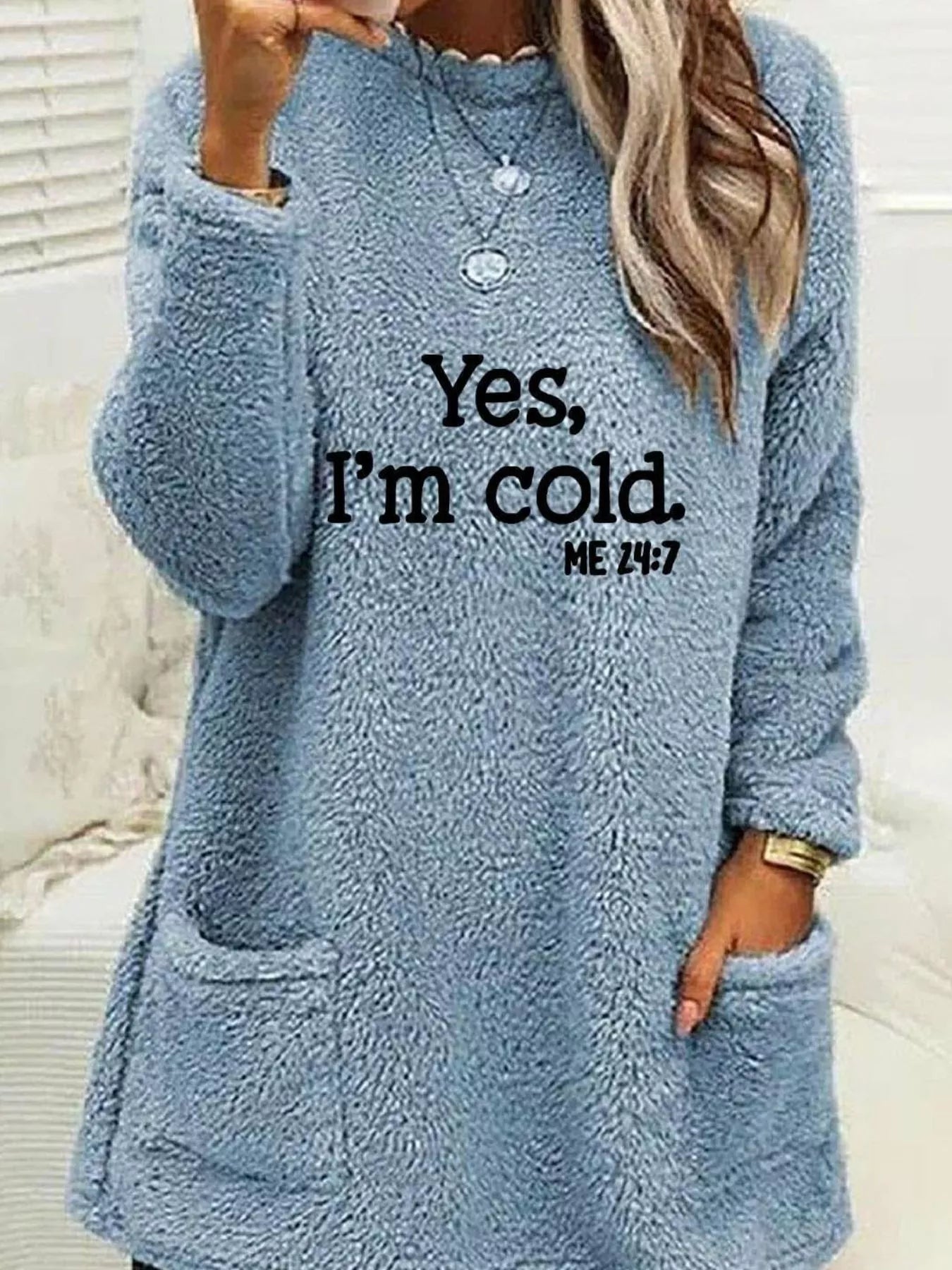Plus Size Letter Print Long Sleeve Fleece Sweatshirt Light Blue / S
