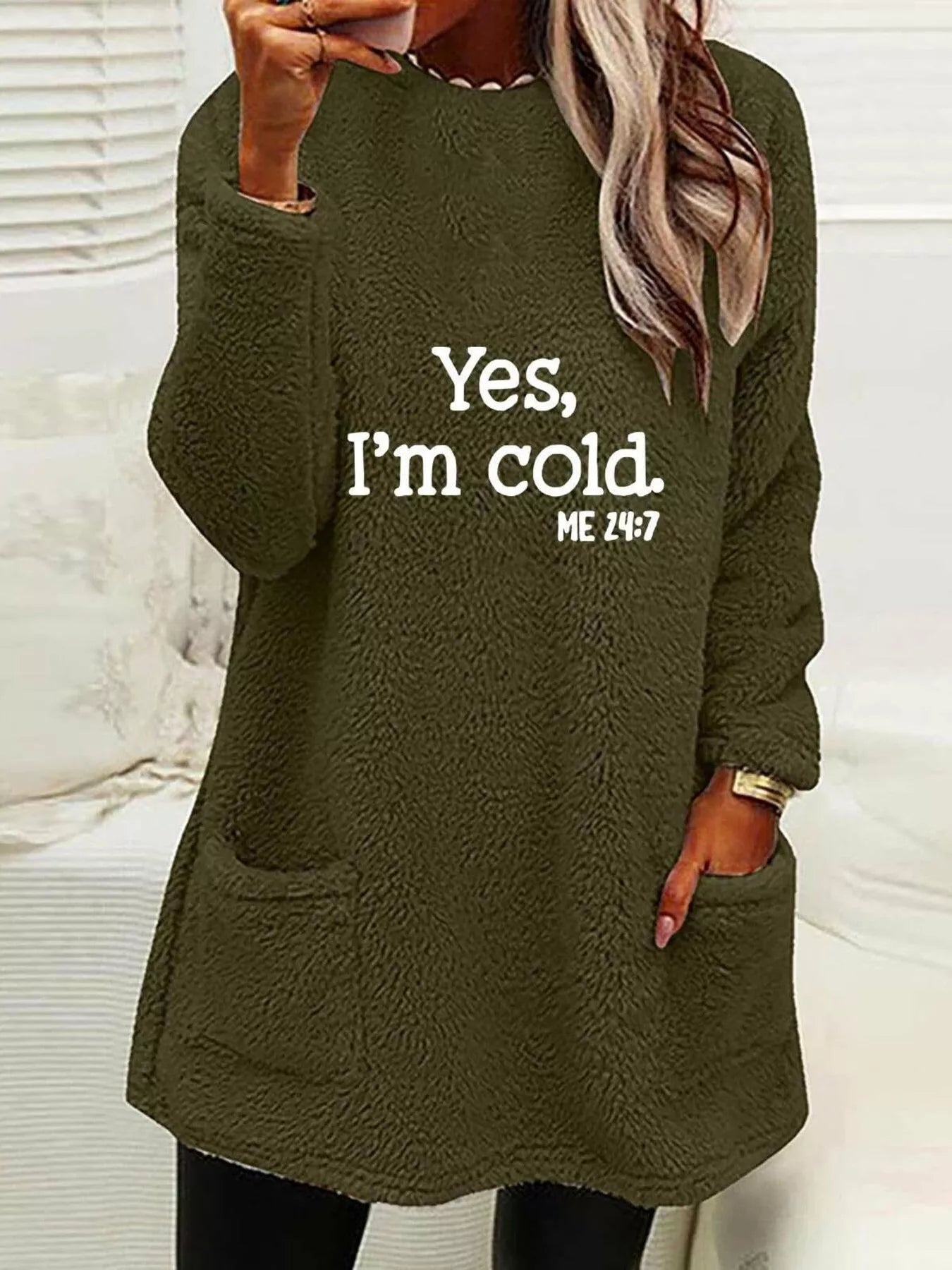 Plus Size Letter Print Long Sleeve Fleece Sweatshirt Military Green / S