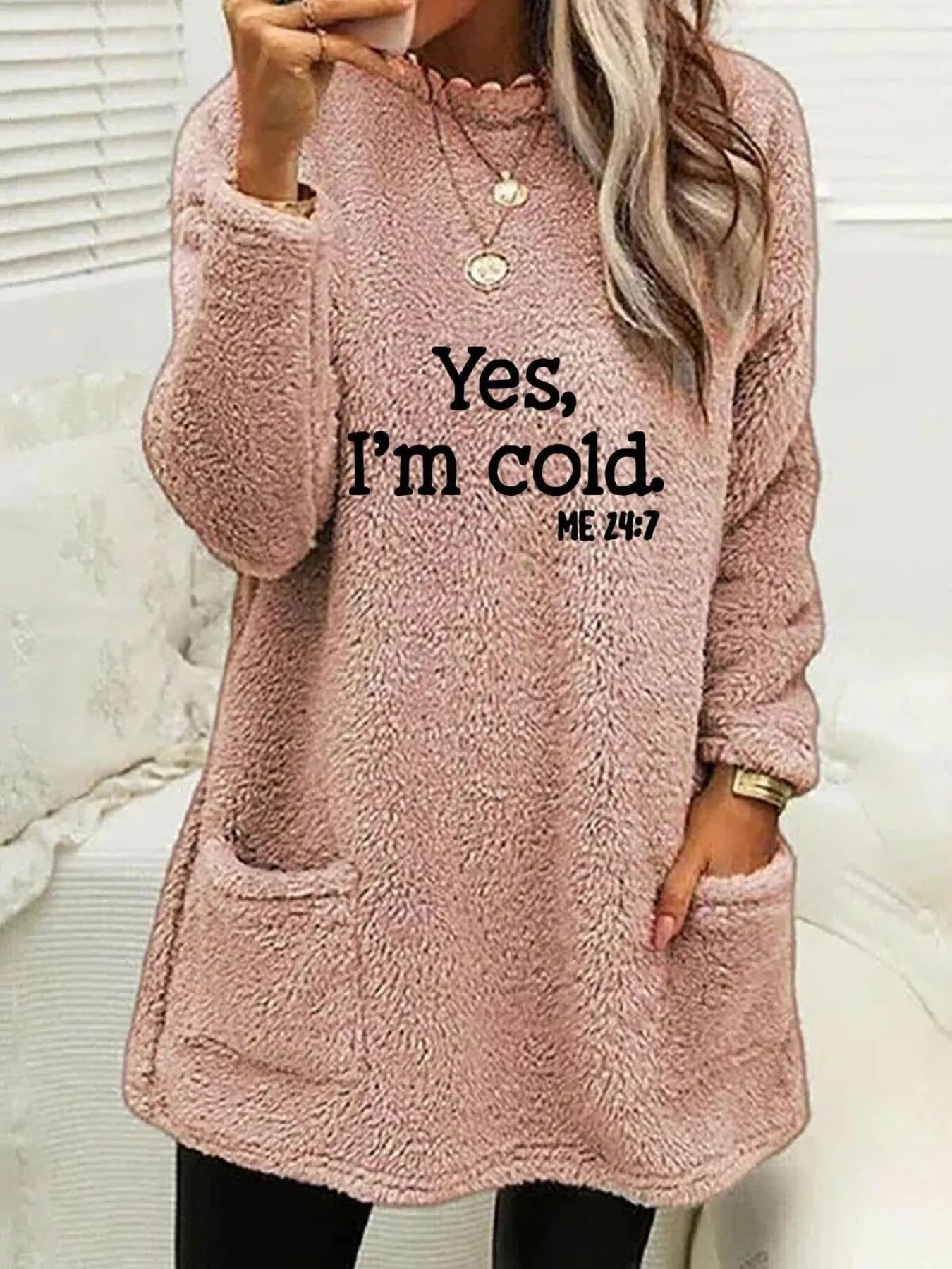Plus Size Letter Print Long Sleeve Fleece Sweatshirt Pink / S