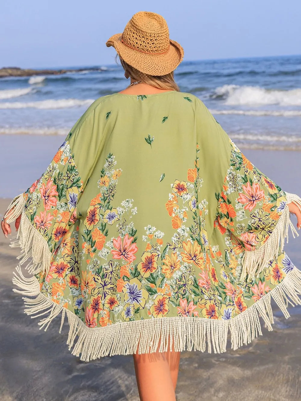 Plus Size Fringe Open Front Cover-Up Sage / 0XL