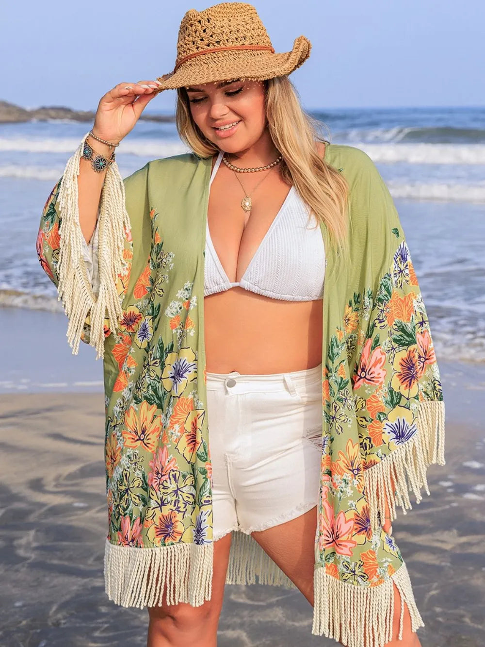Plus Size Fringe Open Front Cover-Up Sage / 0XL