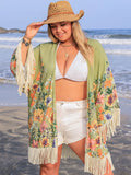 Plus Size Fringe Open Front Cover-Up Sage / 0XL