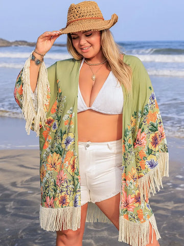 Plus Size Fringe Open Front Cover-Up Sage / 0XL