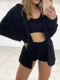 Plus Size Fuzzy Tank, Cardigan & Shorts Three-Piece Set Black / L