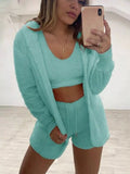 Plus Size Fuzzy Tank, Cardigan & Shorts Three-Piece Set Cyan / S