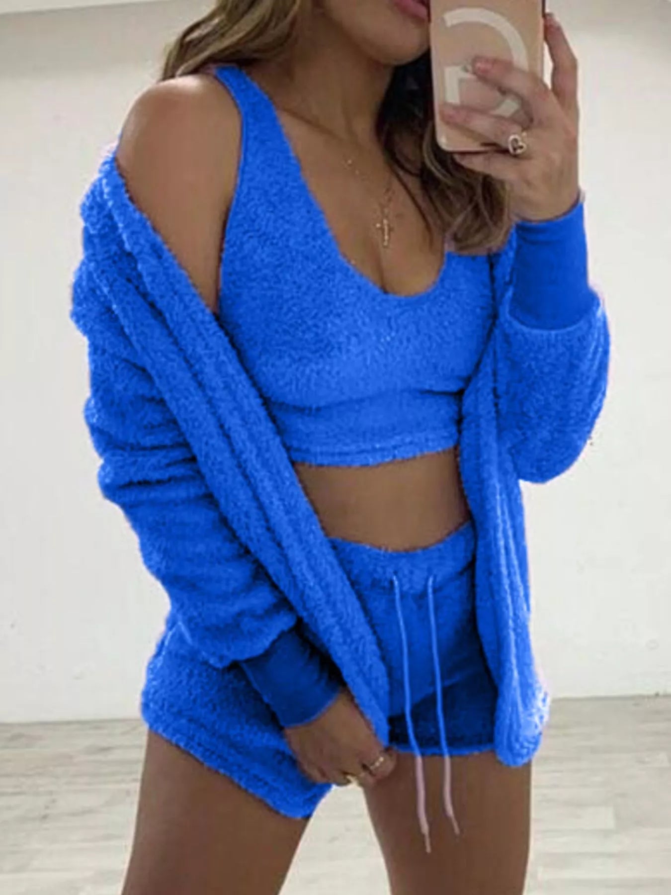 Plus Size Fuzzy Tank, Cardigan & Shorts Three-Piece Set Dark Blue / M