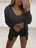 Plus Size Fuzzy Tank, Cardigan & Shorts Three-Piece Set Dark Gray / M