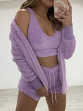 Plus Size Fuzzy Tank, Cardigan & Shorts Three-Piece Set Dark Purple / 3XL