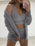 Plus Size Fuzzy Tank, Cardigan & Shorts Three-Piece Set Grey / S