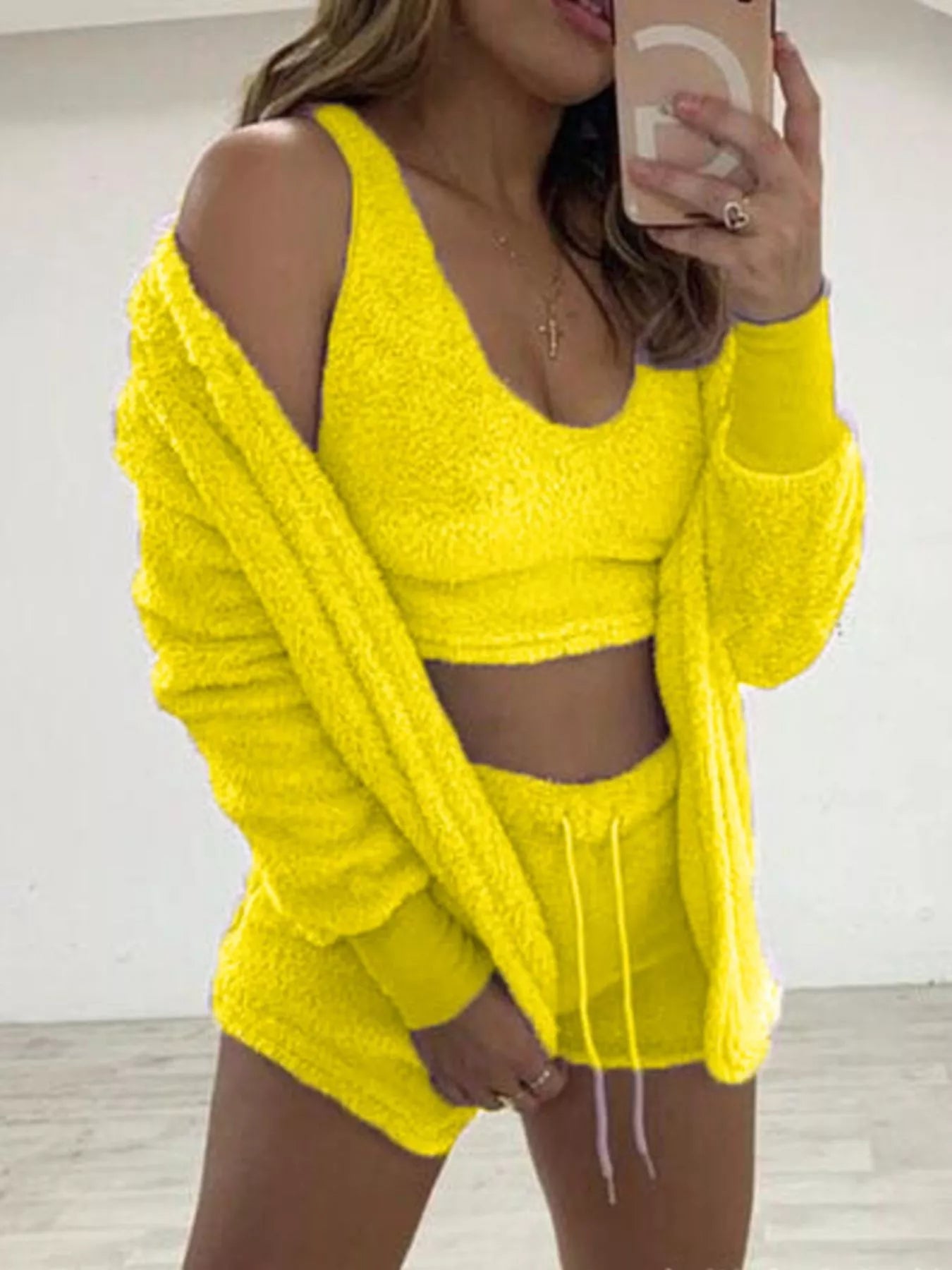 Plus Size Fuzzy Tank, Cardigan & Shorts Three-Piece Set Lemon Yellow / 2XL