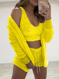 Plus Size Fuzzy Tank, Cardigan & Shorts Three-Piece Set Lemon Yellow / S