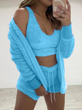 Plus Size Fuzzy Tank, Cardigan & Shorts Three-Piece Set Light Blue / 2XL