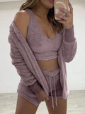 Plus Size Fuzzy Tank, Cardigan & Shorts Three-Piece Set Mauve / 2XL