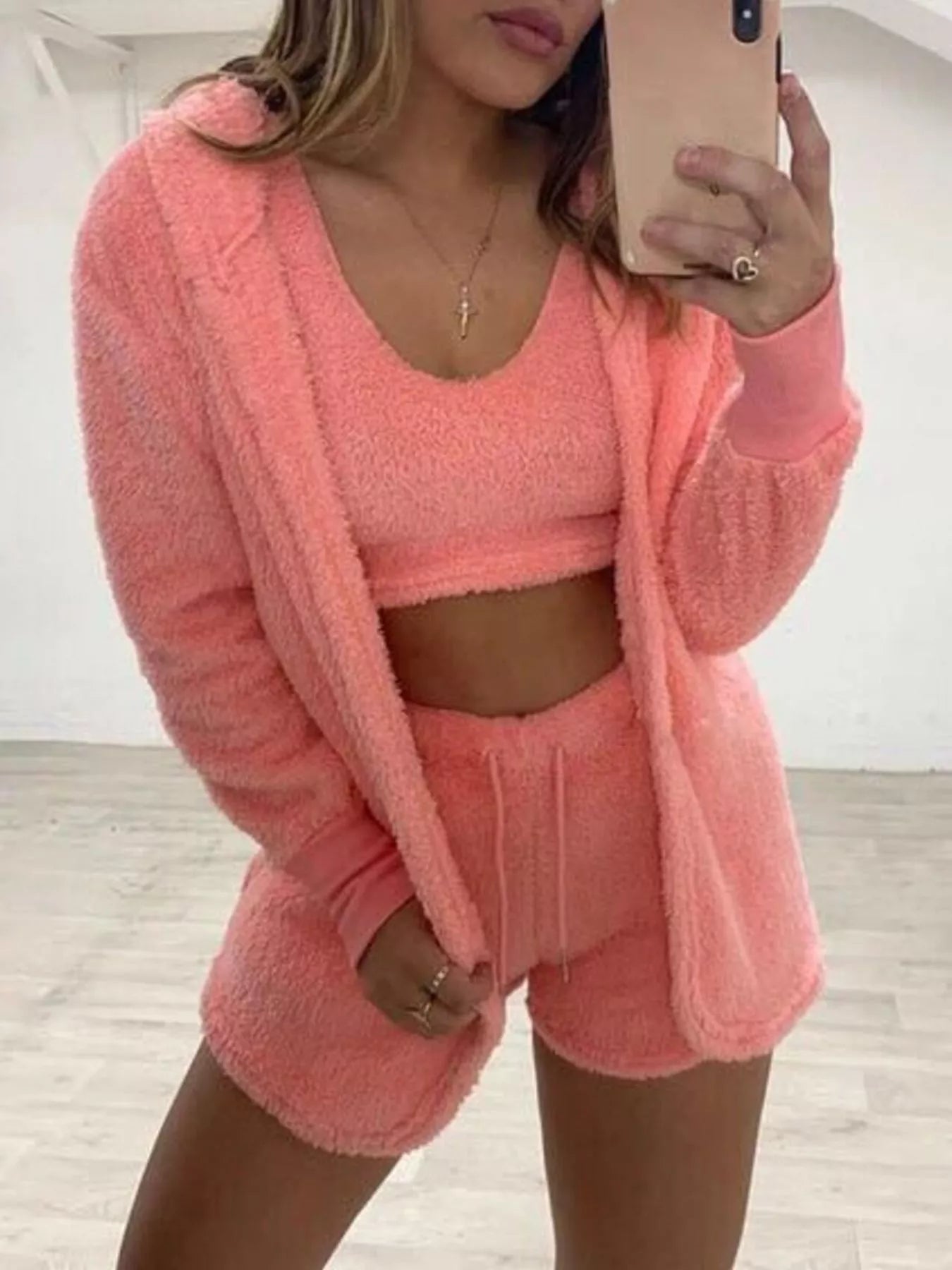 Plus Size Fuzzy Tank, Cardigan & Shorts Three-Piece Set Orange Red / S