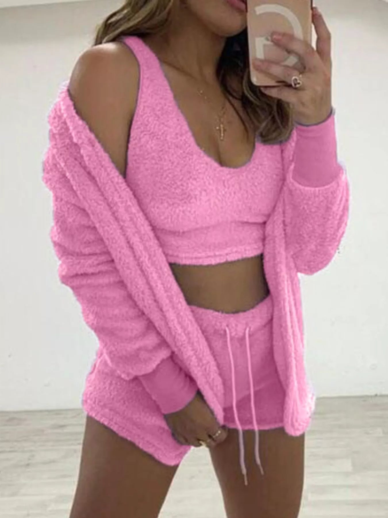 Plus Size Fuzzy Tank, Cardigan & Shorts Three-Piece Set Pink / S