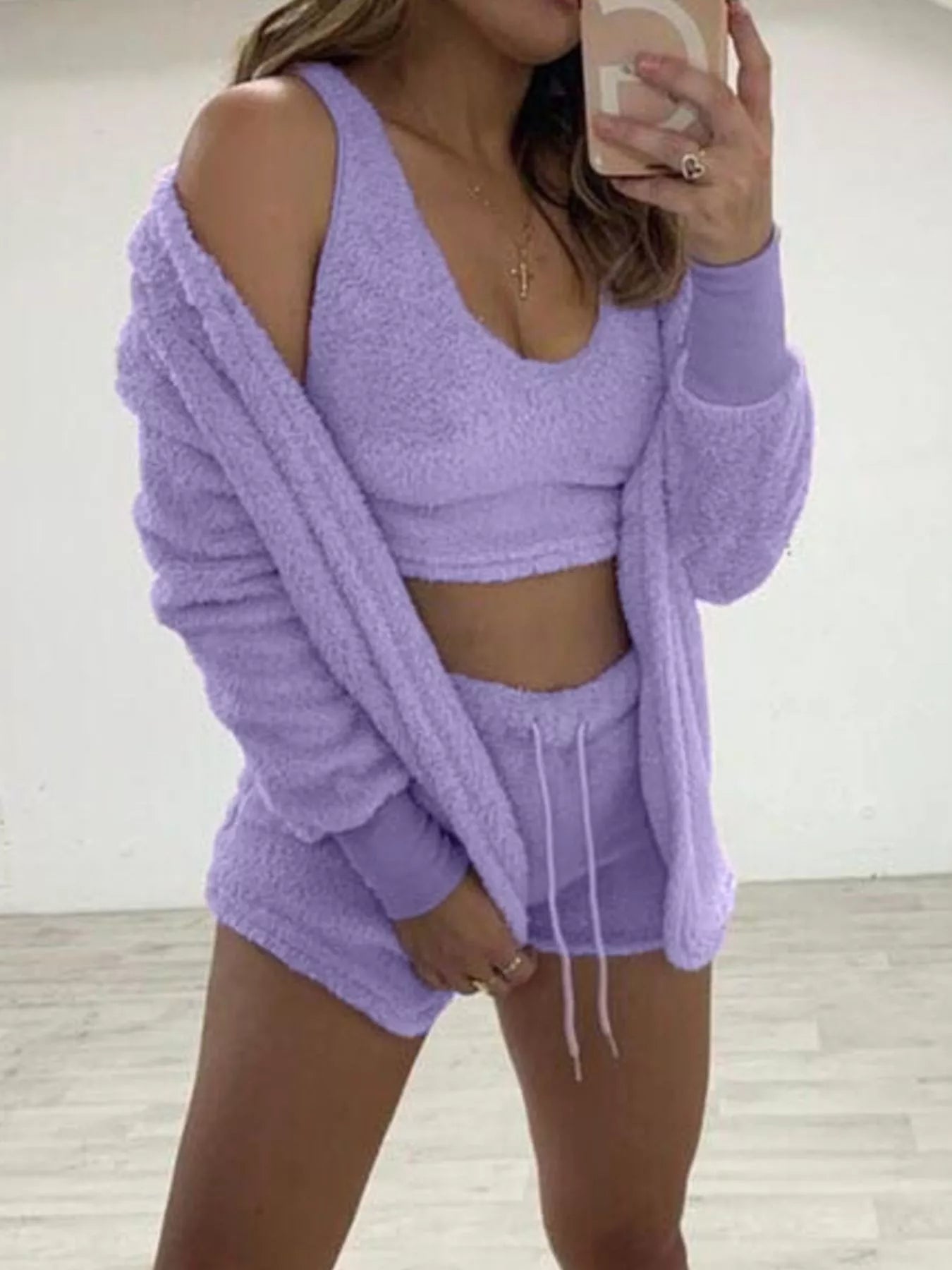 Plus Size Fuzzy Tank, Cardigan & Shorts Three-Piece Set Purple / L