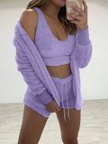 Plus Size Fuzzy Tank, Cardigan & Shorts Three-Piece Set Purple / S